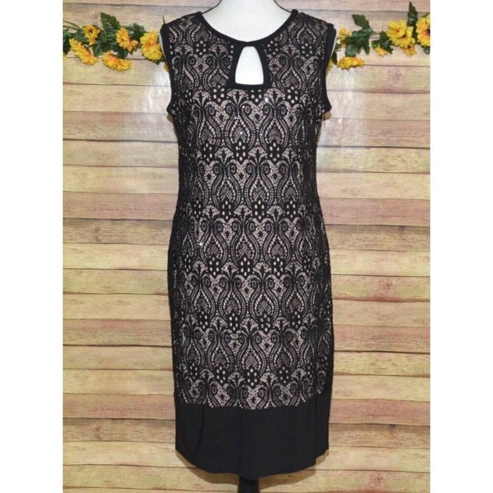 R&M Richards Ladies 12 Black Taupe Sequin Lace Sheath Dress Evening Wear Party